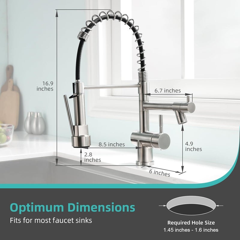 kicimpro Faucet for Kitchen Sink, Commercial Kitchen Faucet with Pull Down Sprayer Brushed Nickel Spring Single Handle High Arc Stainless Steel Kitchen Bar Sink Faucet 1 Hole Or 3 Hole Compatible - Image 5